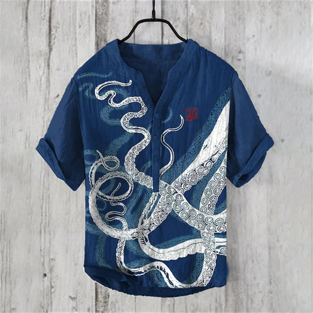 2024 New Men's Shirt Japanese Vintage Art Print Linen Short Sleeved Shirt Hawaiian Style Button Henry Neck Shirt