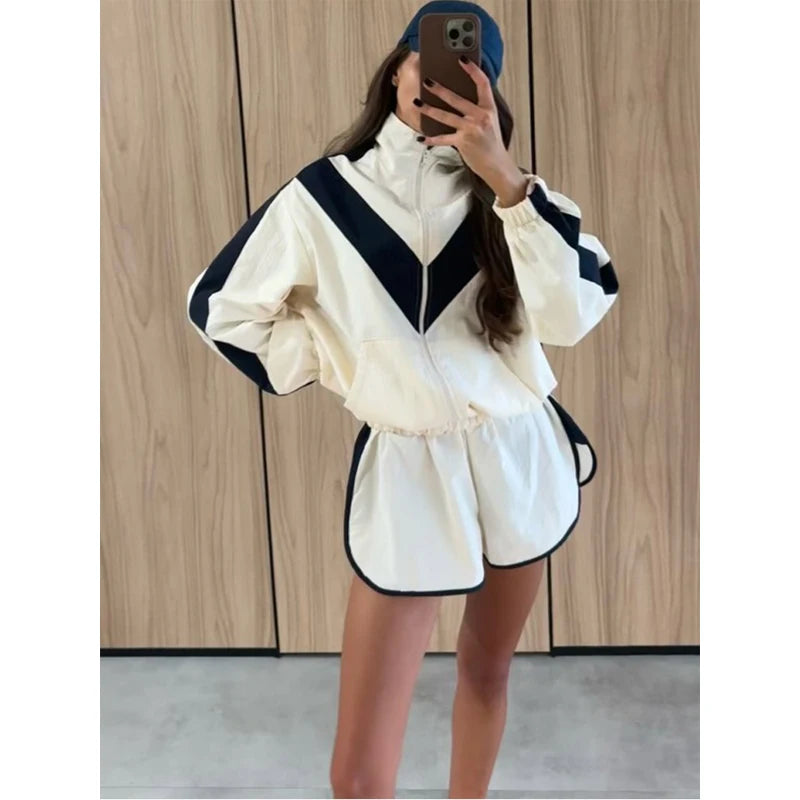 Lady'snavy Chevron Stripe Windbreaker Tracksuit Zip Cropped Jacket Contrast Trim Shorts 2026 Casual Sport Daily Jogging Street