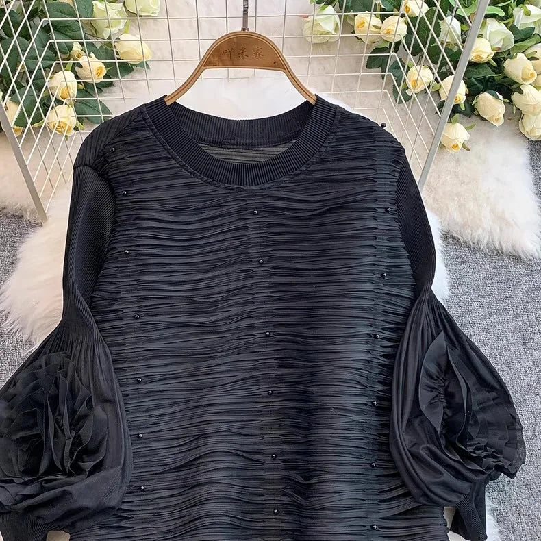 ANLAN Luxury Beading Hollow Out Tassels Pleated Miyake Dresses Women 3D Flower Splice Lantern Sleeve Loose Party Dress 2025 N