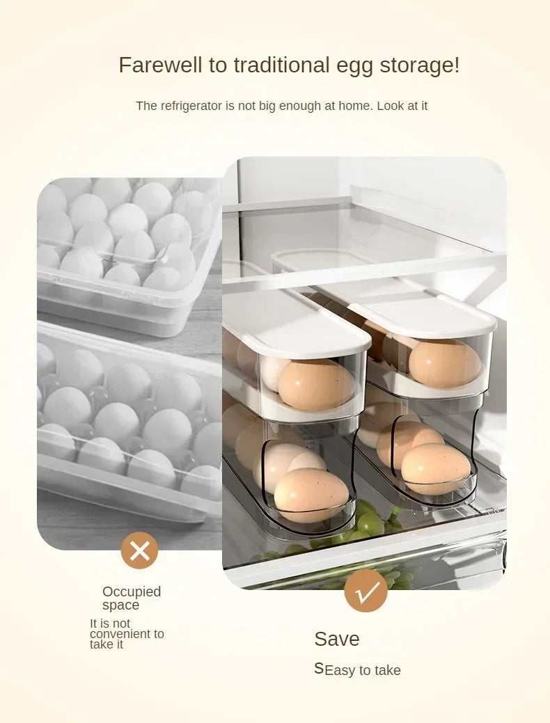 Double Layers Egg Storage Box Refrigerator Automatic Rolling Slide Egg Rack Refrigerator Side Door Freshness Box Kitchen Storage