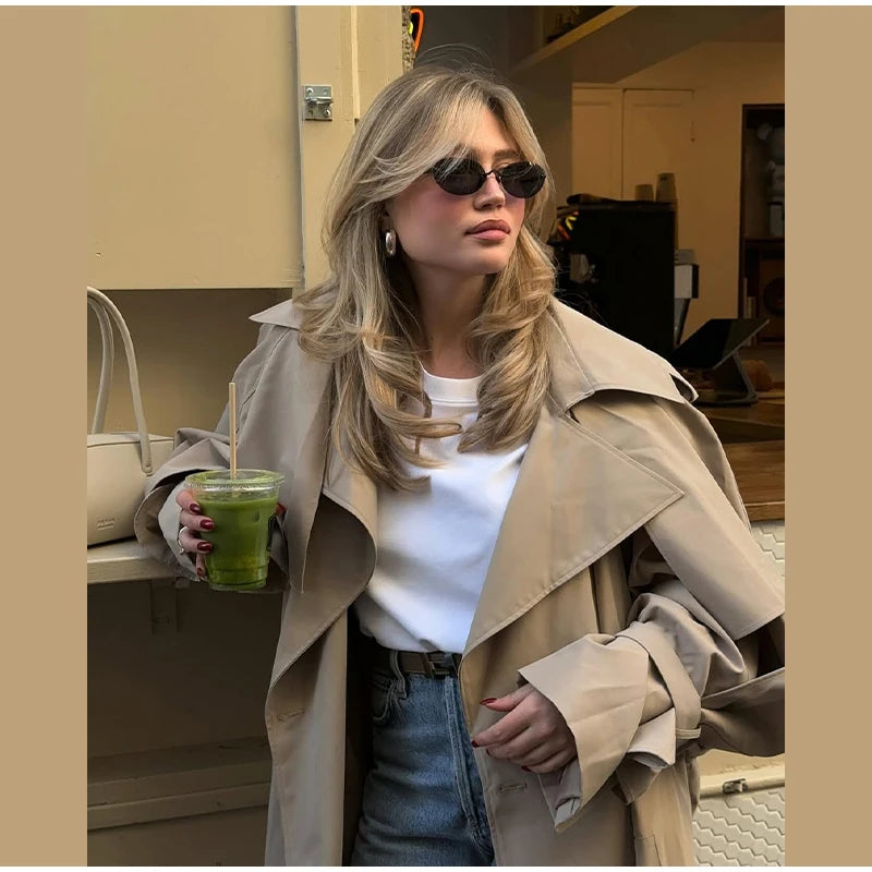 Casual Lace Up Long Trench Coat Women Chic Solid Color Full Sleeve Lapel Windbreaker 2026 Fall New Fashion Loose Commute Jackets
