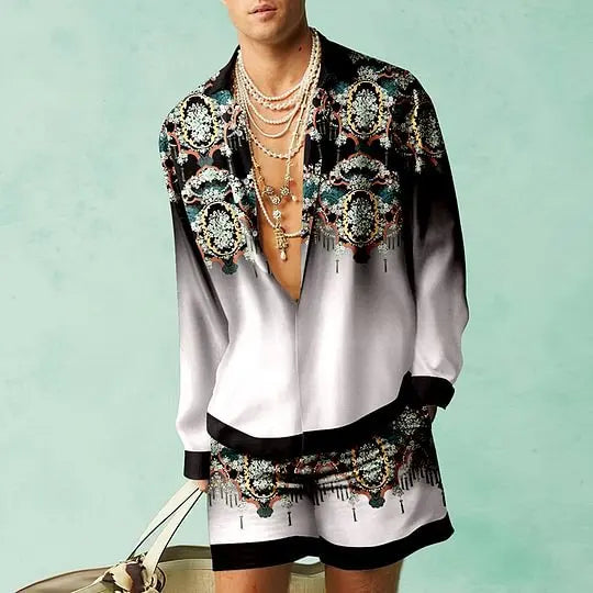 2PCS Suits Men Fashion Shirts+Shorts Two Piece Sets Hawaii Shirts Luxury European Shirt Sets Beach Vocation Outfits Streetwear