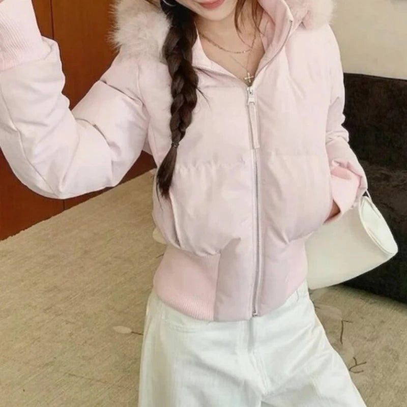 Winter New Women's Faux Fur Hooded Thick Padded Coat Slim Waist Short Cotton Jacket Sweet Style Warm Outerwear Parka