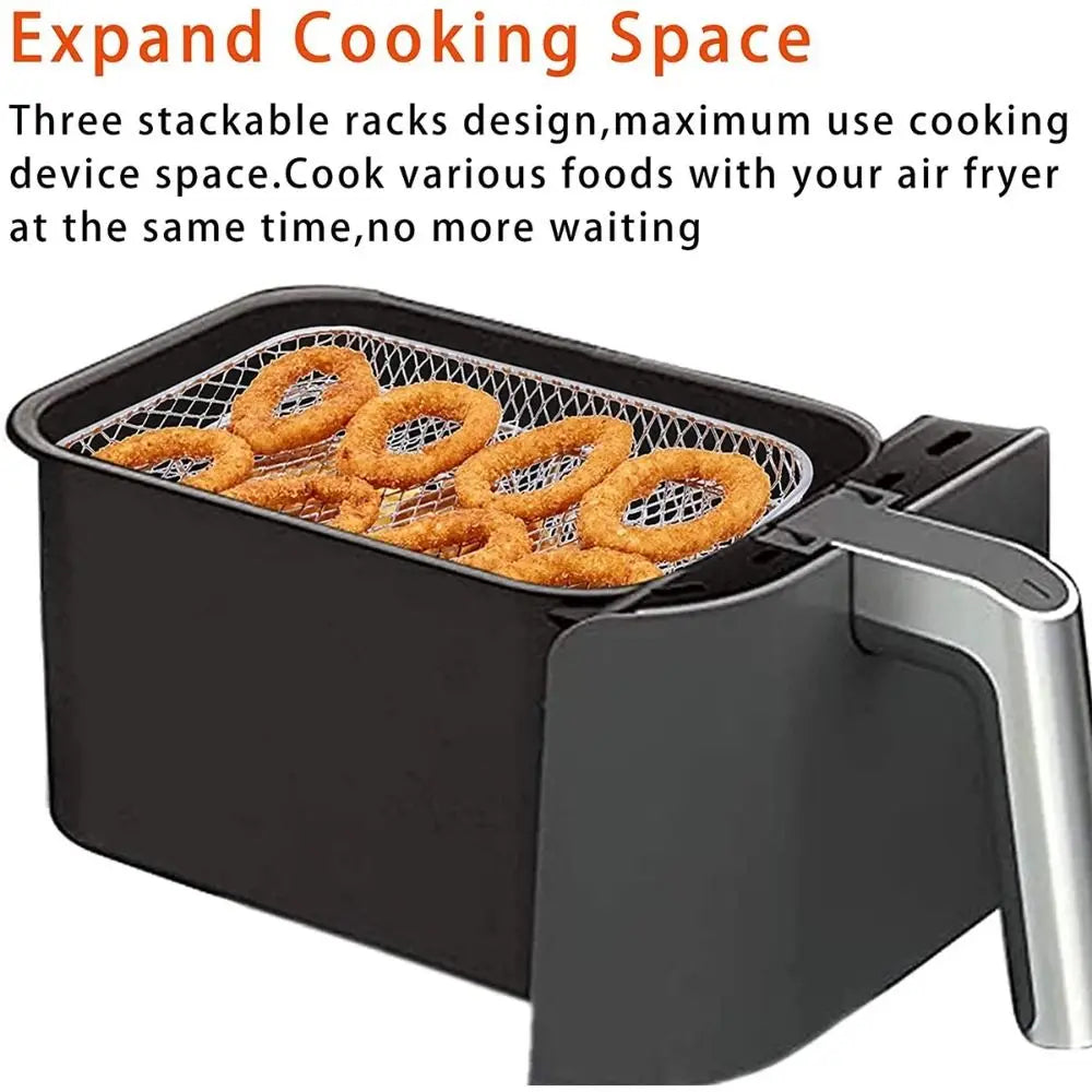 New Stackable Air Fryer Rack Non-Stick Stainless Steel Grilling Rack Airfryer Tray Grill Basket Durable Kitchen Gadgets