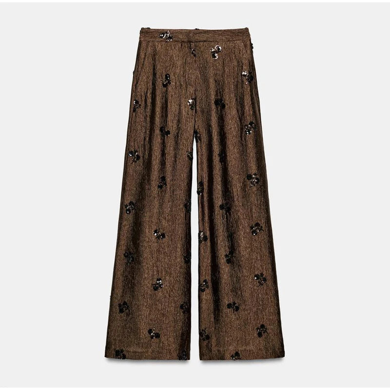 Fashion Floral Sequin 2-piece Outfit Women Tie Waist Wrap Sleeveless Top Wide Leg Pants 2026 Summer Lady Commute Street Outfits