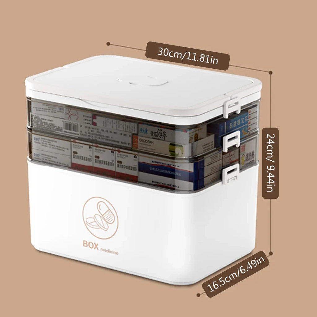 Large Capacity Multi Layer Transparent First Aid Medicine Storage Box Secure Snap Buckle Dustproof Household Emergency Drug Organizer Detachable Compartment Medical Supply Container For Family Home Office Car Travel Camping O
