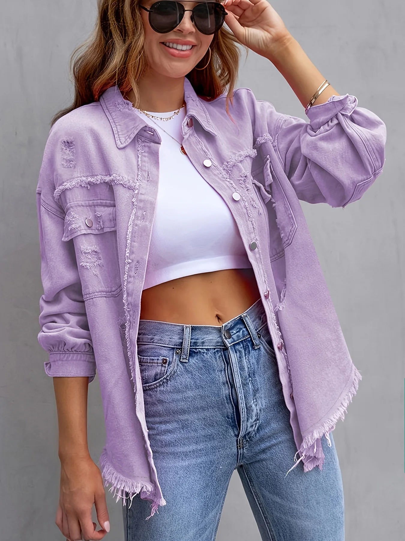 Women's Fashionable Solid Color Mid-Length Ripped Denim Jacket Long-Sleeved Spring Autumn Trend