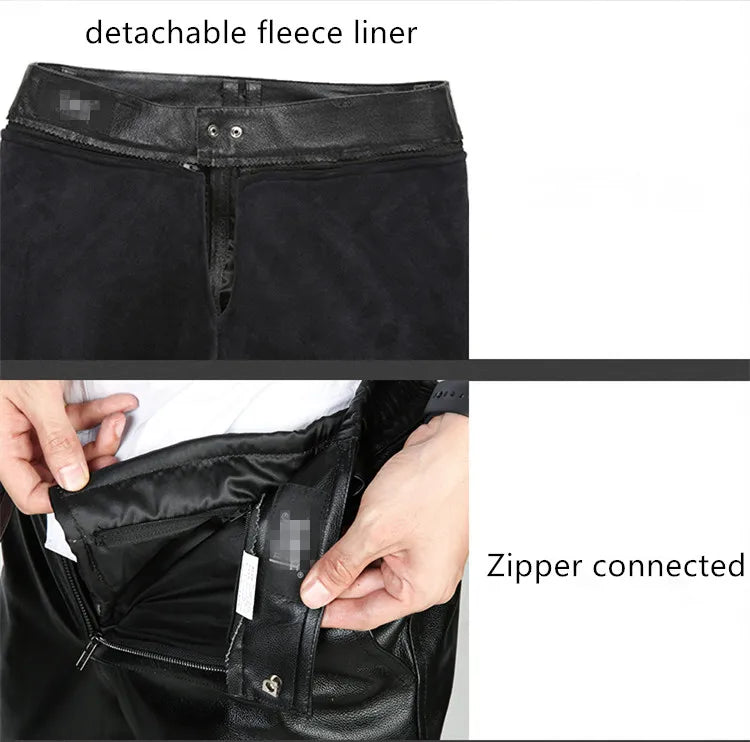 Men's Thickened Leather Pants with Detachable Warm Fleece Liner Genuine Cowhide Goatskin for Autumn And Winter