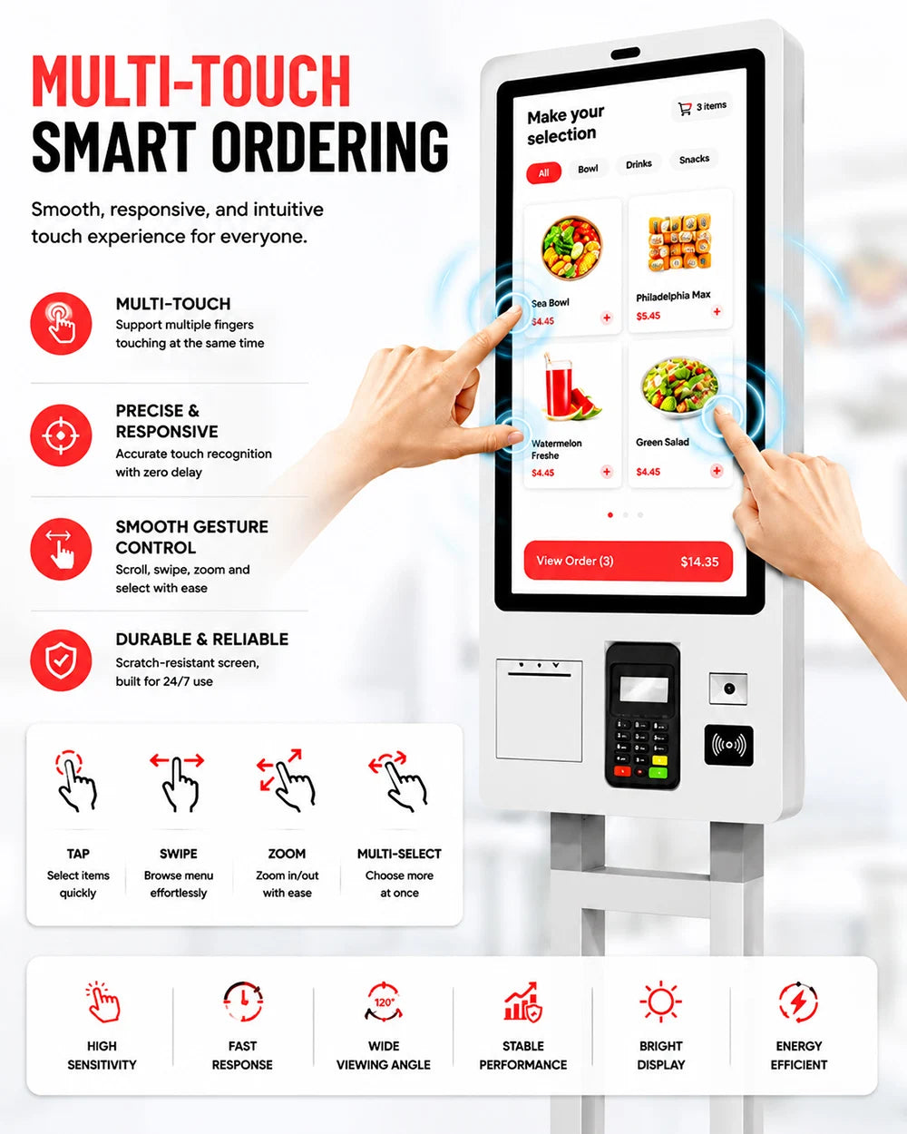 Card Reader Self-Service Restaurant Kiosk Digital Ordering Kiosk Fast Food Payment Kiosk With Camera and 80mm Printer