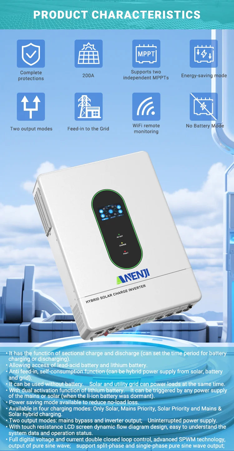 12KW Split Phase Inverter 48V 120V 230V Hybrid Solar Inverter Dual MPPT Paralleled Threephase With WiFi MPPT 200A Solar Charger