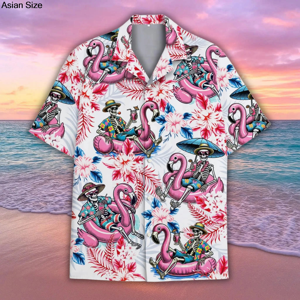 2025 Summer Popular Flamingo Skull  Print Hawaiian Shirts Men Women Comfortable Soft Short Sleeve Shirt Street Daily Trendy Tops