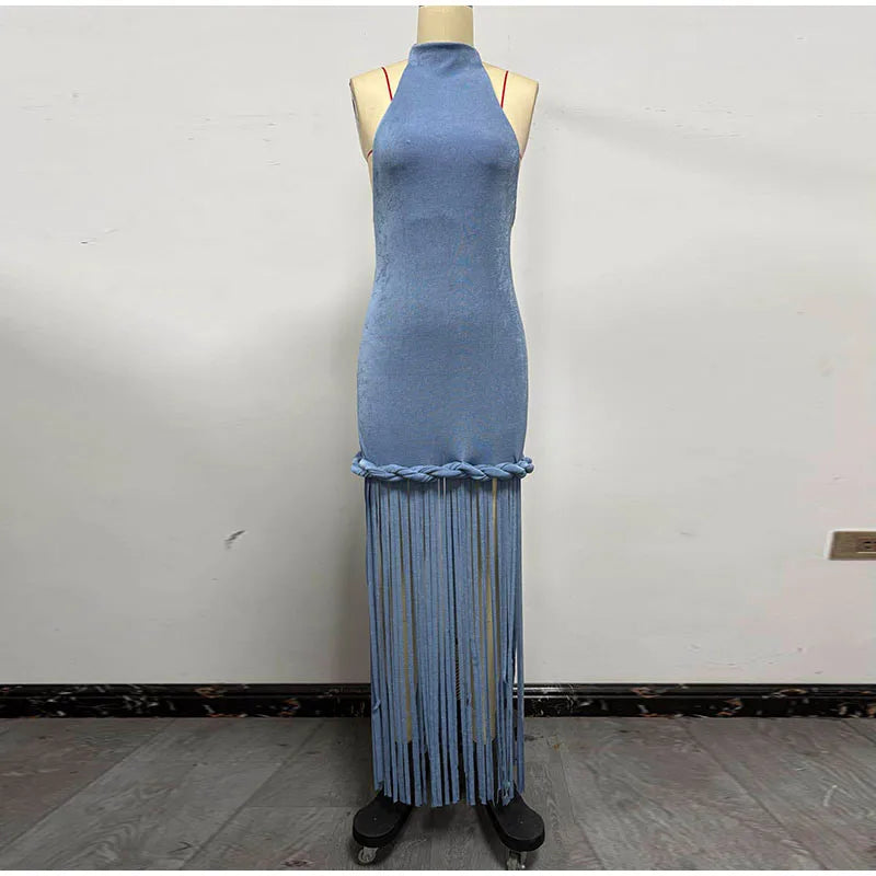 Women Solid Braided Trim Cutout Maxi Dress Sleeveless High Slit Bodycon Fit Gown 2026 Summer Elegant Evening Formal Party Outfit