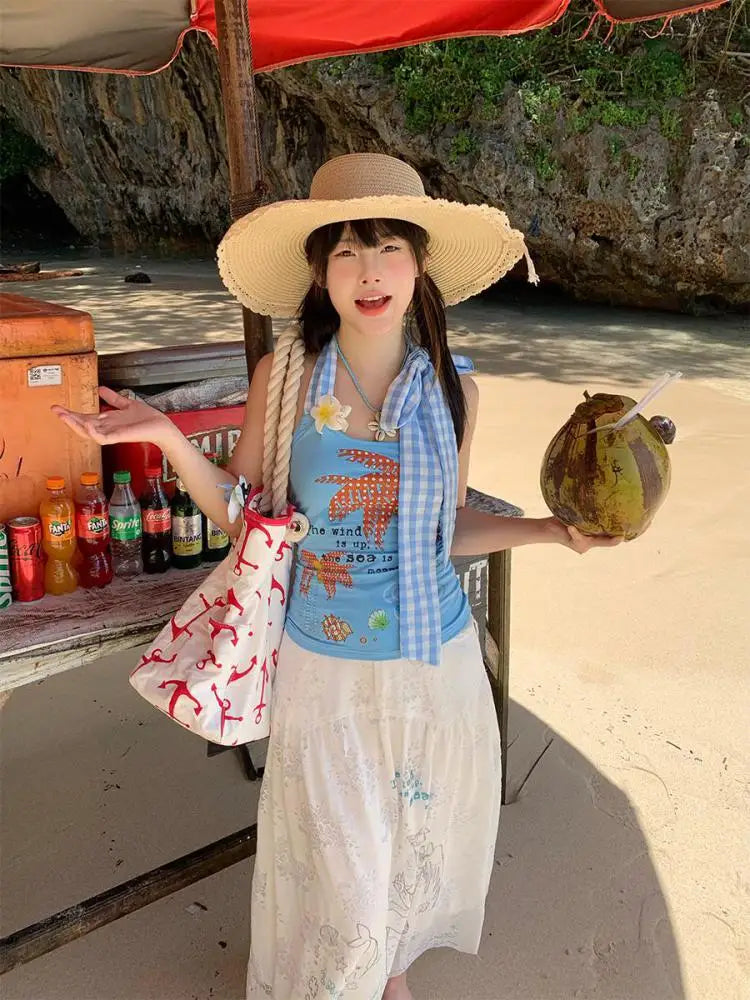 Erwofeina Hotsweet Blue Patchwork Plaid Halter Tops 2000s Clothes Y2k Sleeveless Camis Summer Tank Tops Beach Camisole Chic