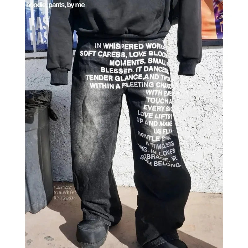 Vintage Letter Printed Women's Men's Jeans Y2k Harajuku Washed Wide Leg Jeans Loose Hip Hop Street Style Casual Mopping Pants