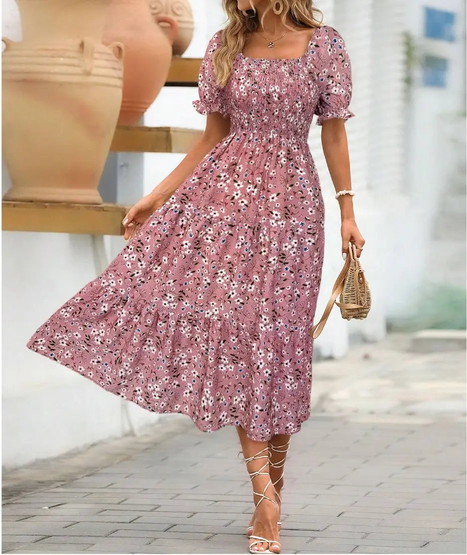 Spring and Autumn Women's Square Neck Short Sleeve Long Skirt Fresh Printed Casual Fashion Slight Backless Temperament Dress