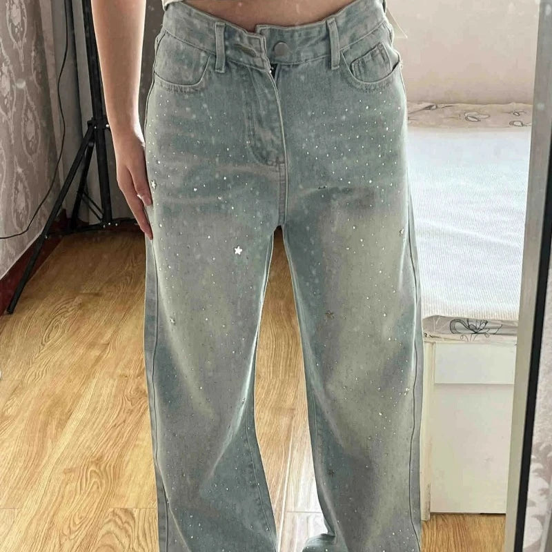 Women's Spring Summer New Slimming High Waist Shiny Star Rhinestone Denim Pants Wide Leg Trendy Jeans High Waist Button Decor