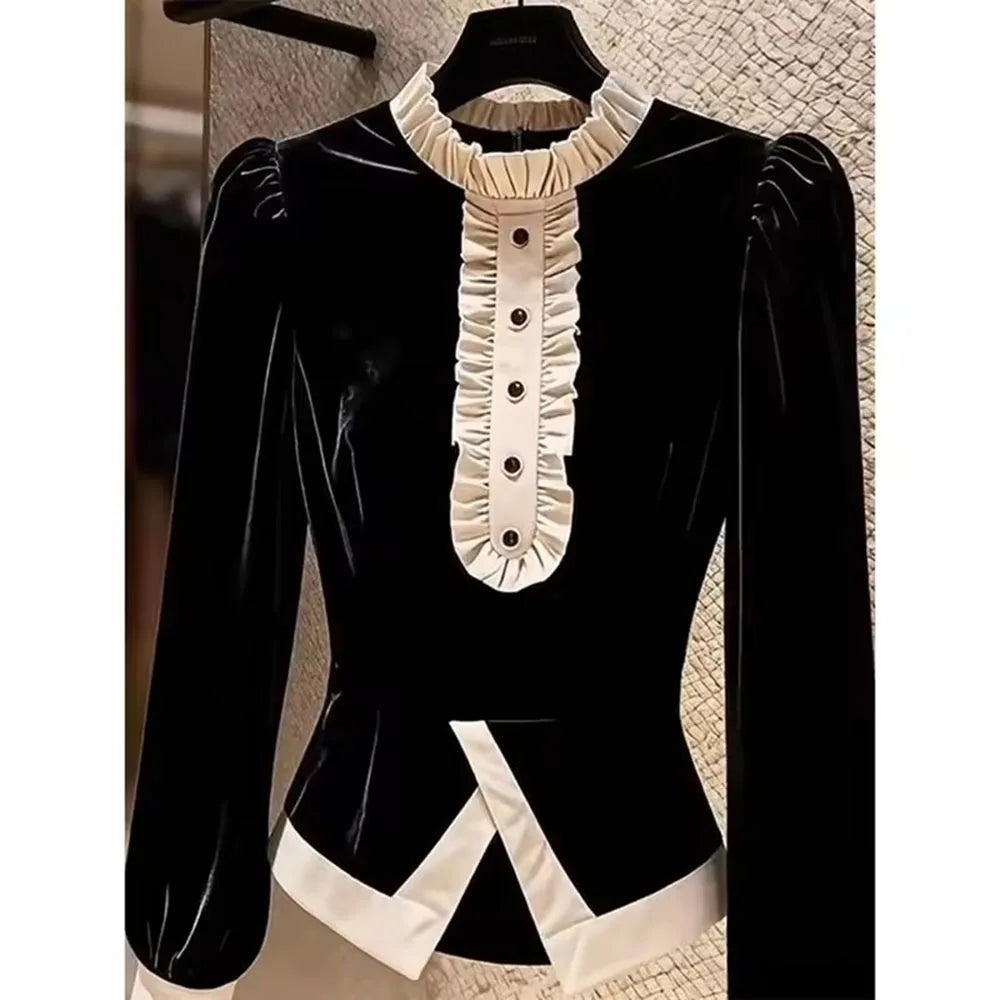 Autumn New High-Quality Fake Two Pieces of Black Stitching Velvet Shirt Women's  Fashion Long-sleeved Elegant Casual Lady Blouse