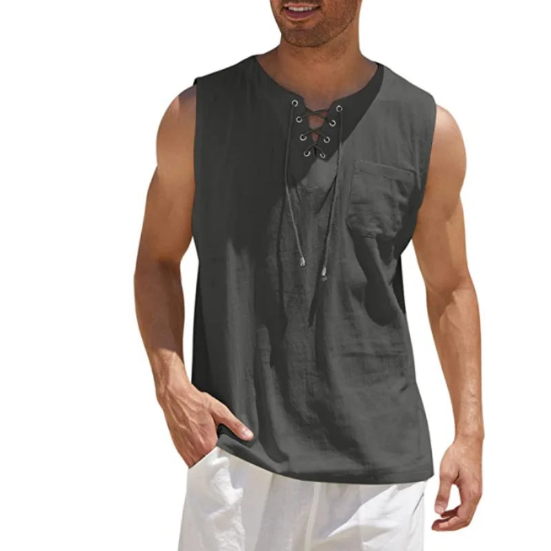 New 2026 Men's Casual Cotton Linen Tank Tops Men Drawstring V Neck Sleeveless Shirts Summer Casual Shirt Gym Fitness Vest Tops