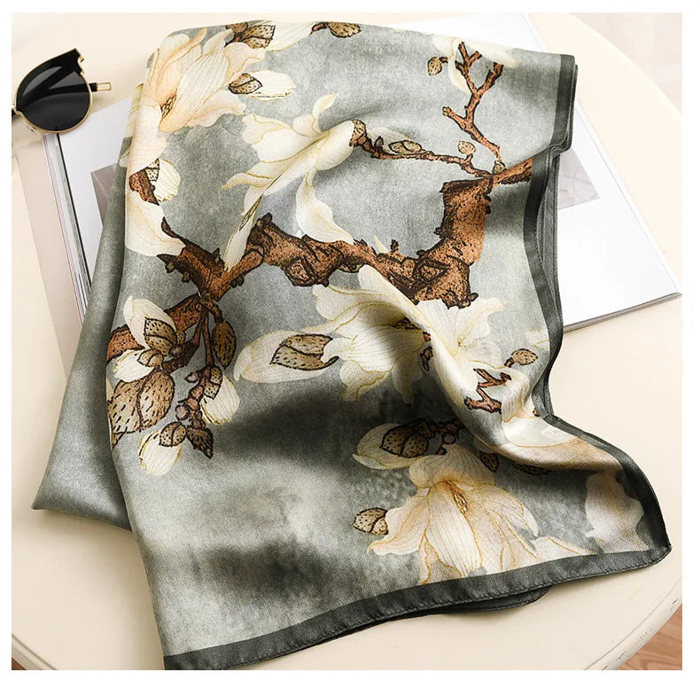 Birdtree, 9MM 100%Real Silk Scarf Shawl, Thin Plum Bossom Summer Beach Shawls Scarfs, Fall Winter Neck Head P36714QM