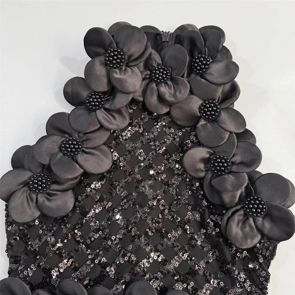 Women Fashion Flower Beading Sequins Patchwork Bandage Dress Celebrity Party Sleeveless Elegant Dresses