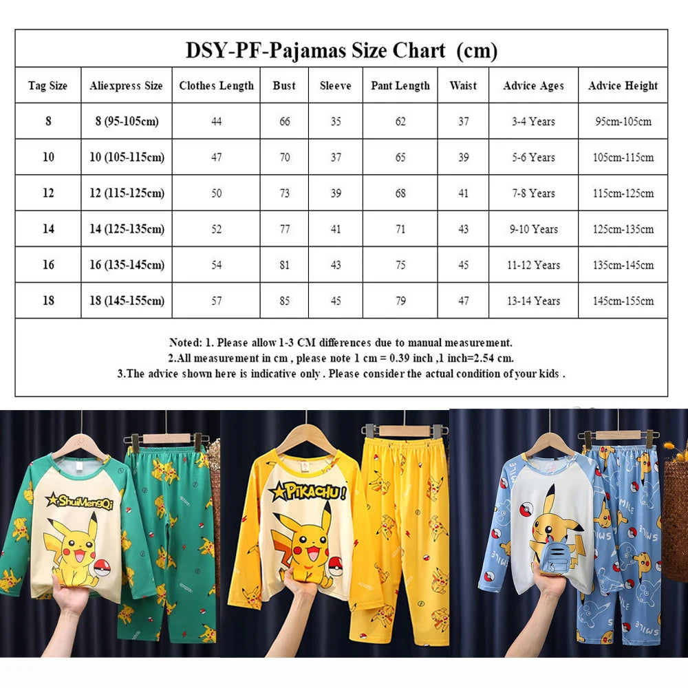 Children's Pyjamas Pikachu Set Kids Sleepers Boys Girls Cartoon Long Sleeve Sleepwear 3-14T Teenage Home Clothes Pajama Pijama