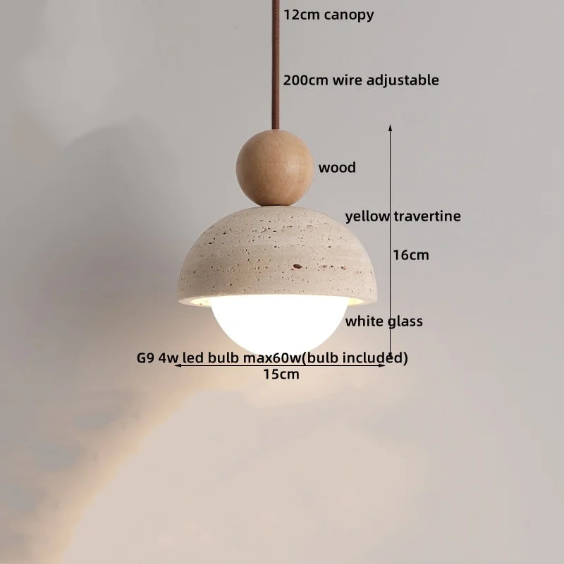 IWHD Yellow Travertine Stone LED Pendant Lamp Living Dining Room Table Inside Retro Wood Hanging Lights Fixture Lampara Colgante