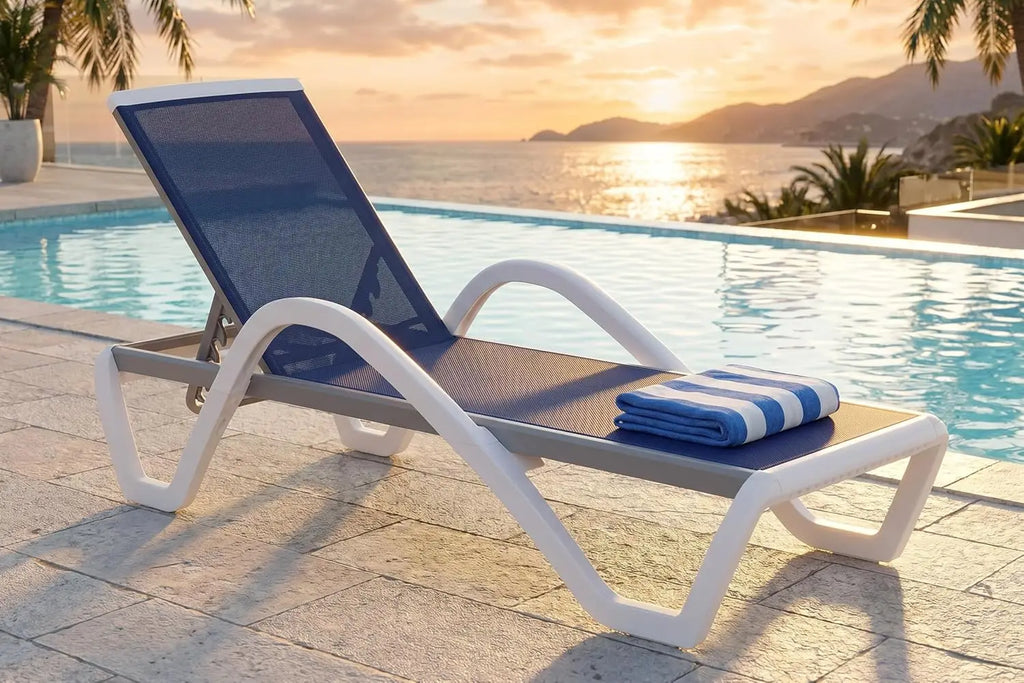 Stackable Plastic Chaise Lounge, 6-Position Reclining Flat Lay, PP & Textilene, Wheels, Outdoor Patio, Customized