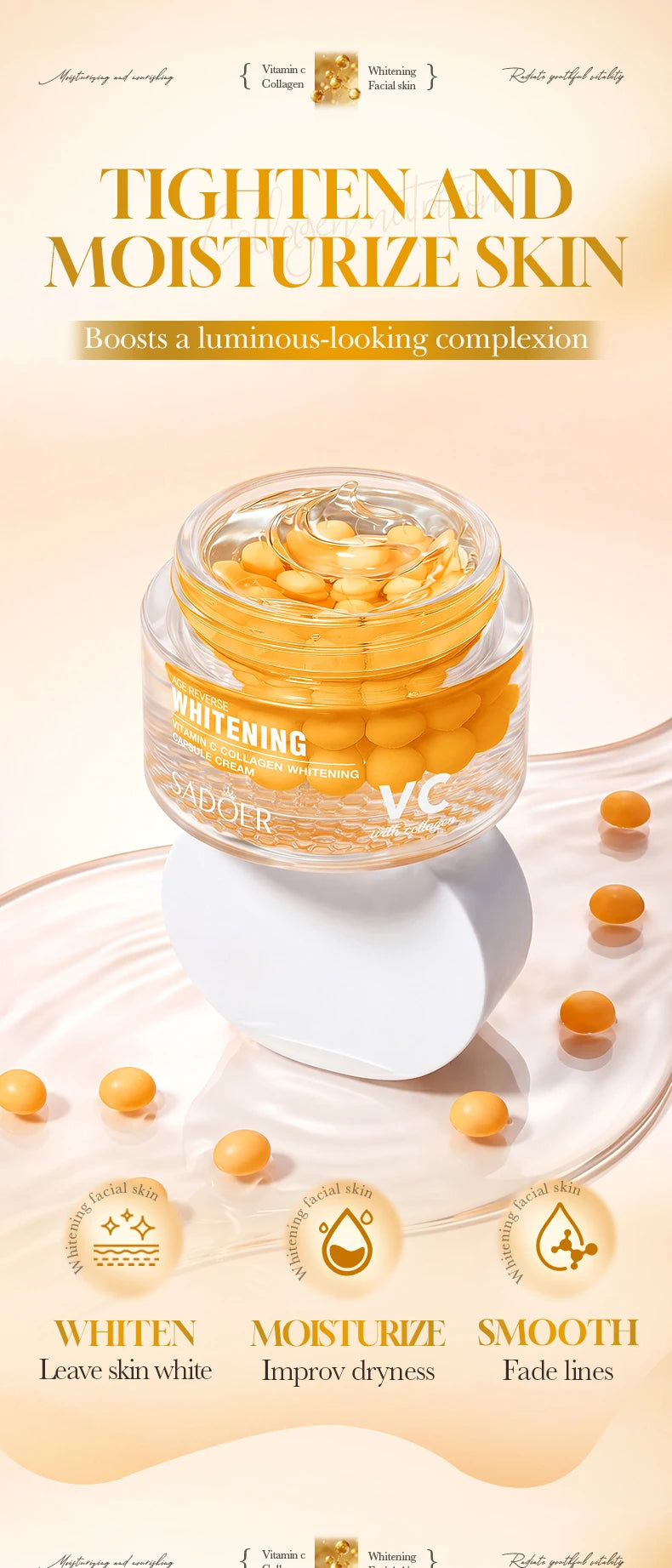 SADOER Vitamin C Collagen Capsule Face Cream Whitening Facial Cream Intensive Moisturize Smooth Fine Lines Youth Skin Care
