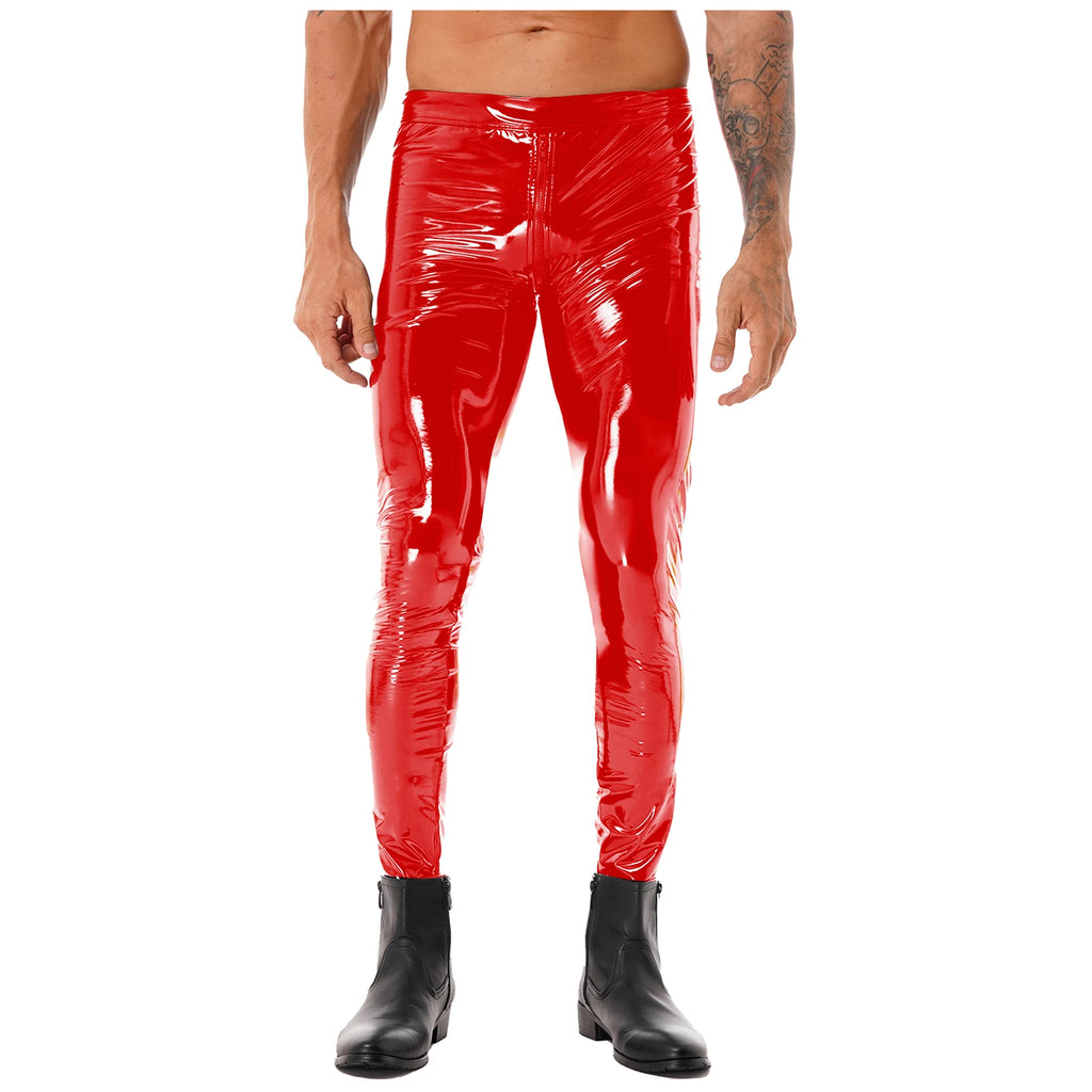 Men Latex Leather Pants Low Waist Faux Leather Shiny Pants Fashion Tight Trousers for Club Stage Show Rock Band Performance
