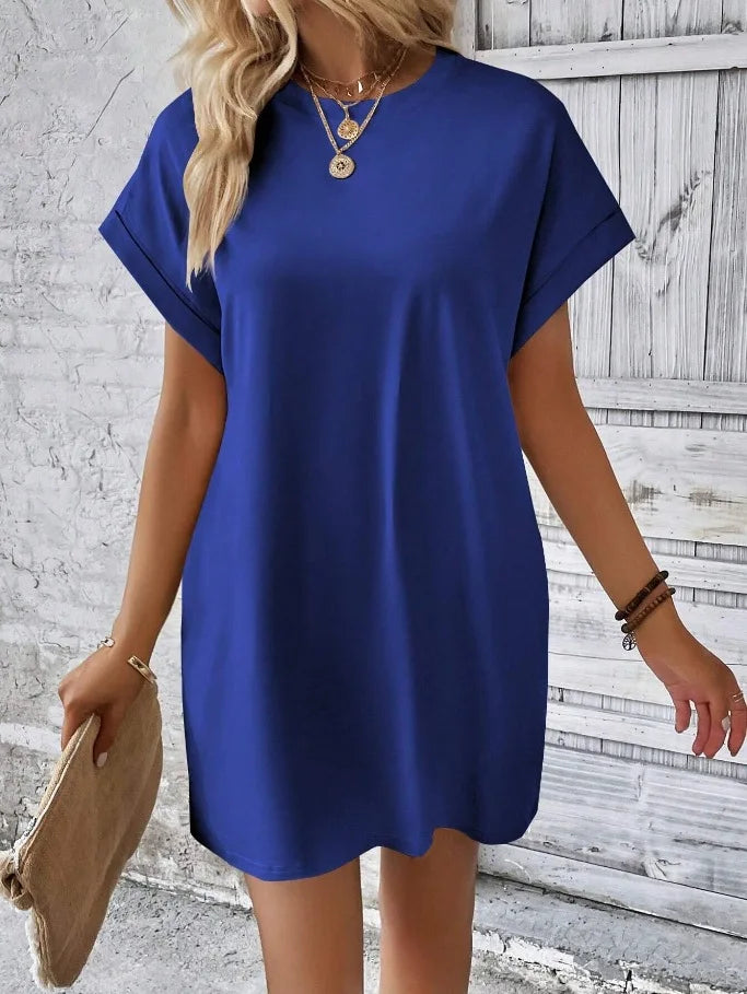 New women's spring and summer fashionable temperament casual commuting solid color round neck loose short sleeved pocket dress