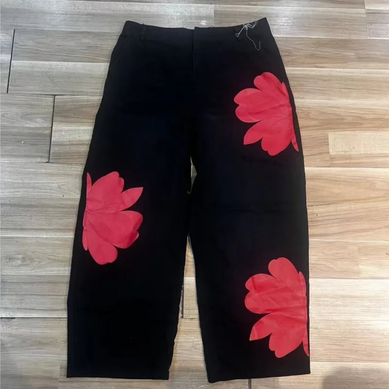 2026 New Fashion Floral Print Wide Leg Jeans Casual Cotton Denim High Waist Nine-Pants Trendy Plus Size Trousers High Street