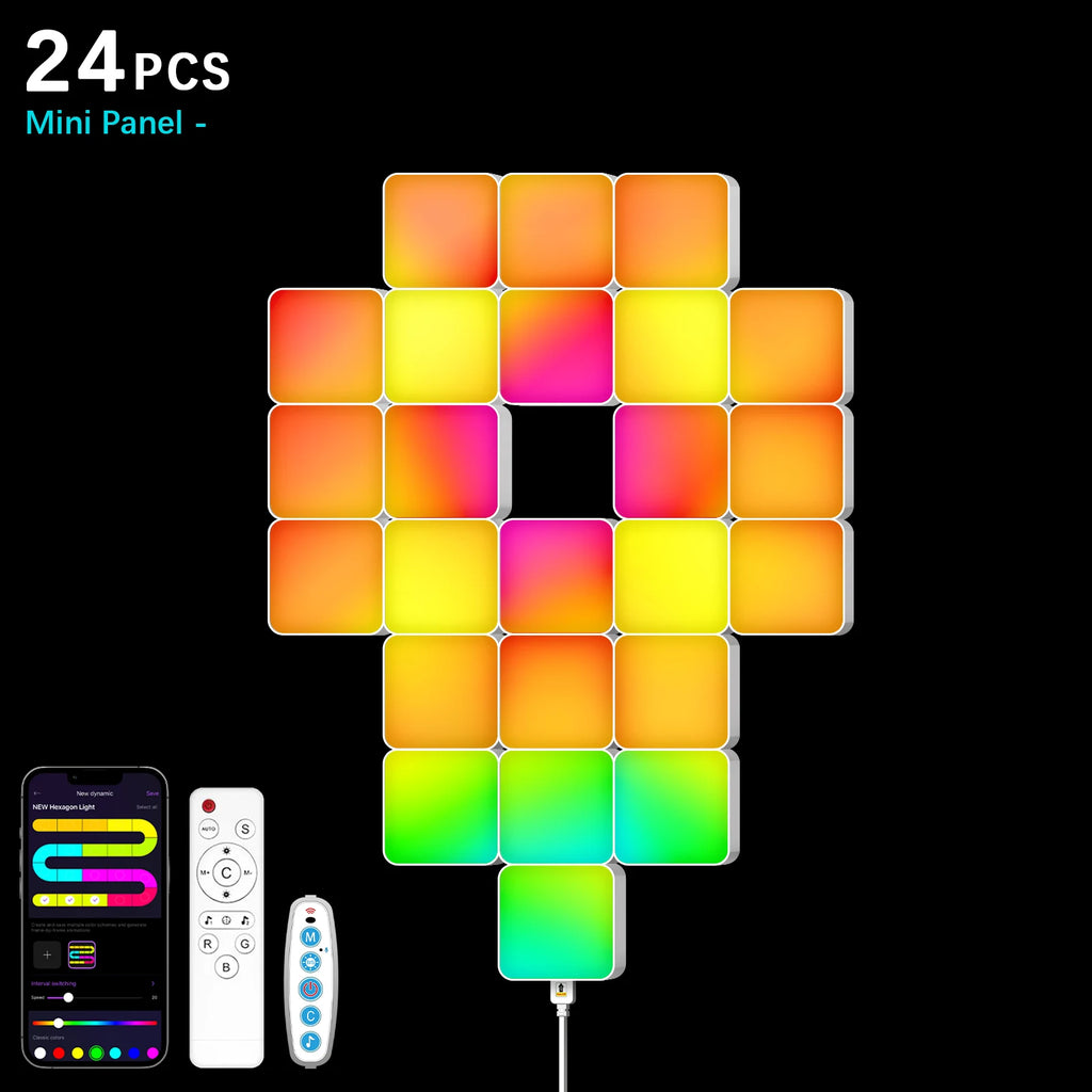 Smart Grid LED Wall Light Kit - RGB Color Changing with App & Music Control, DIY Creative Backlit Panels for Gaming Room & Bedro