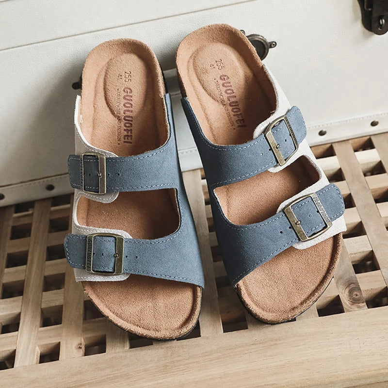 Nubuck Women Cork Slippers Summer Mule Clogs Flats Sandals Slides Casual Beach Couple Double Buckle Soft Shoes Footwear Big Size