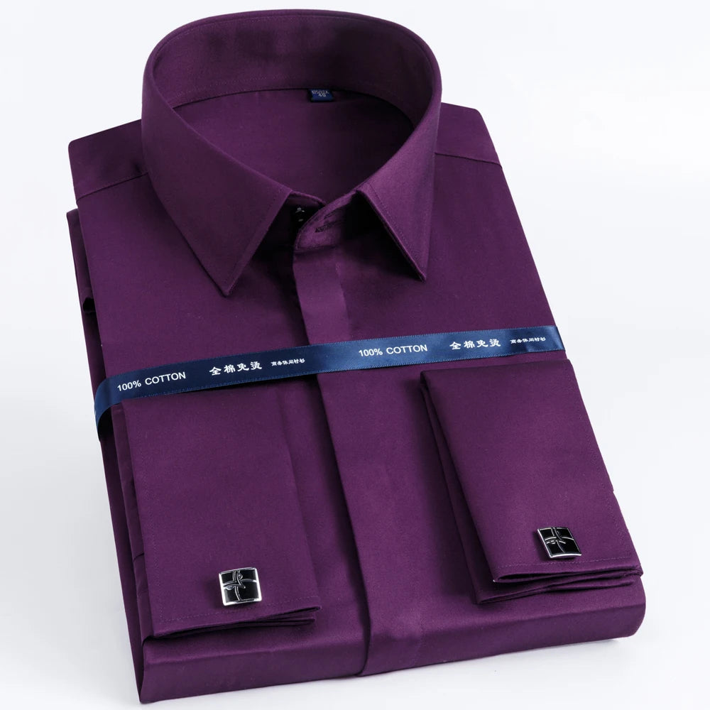 Men's 100% Cotton Iron-Free French Cuff Shirt Front Hidden Buttons Removable Collar Stays Formal Business Long Sleeve Shirts