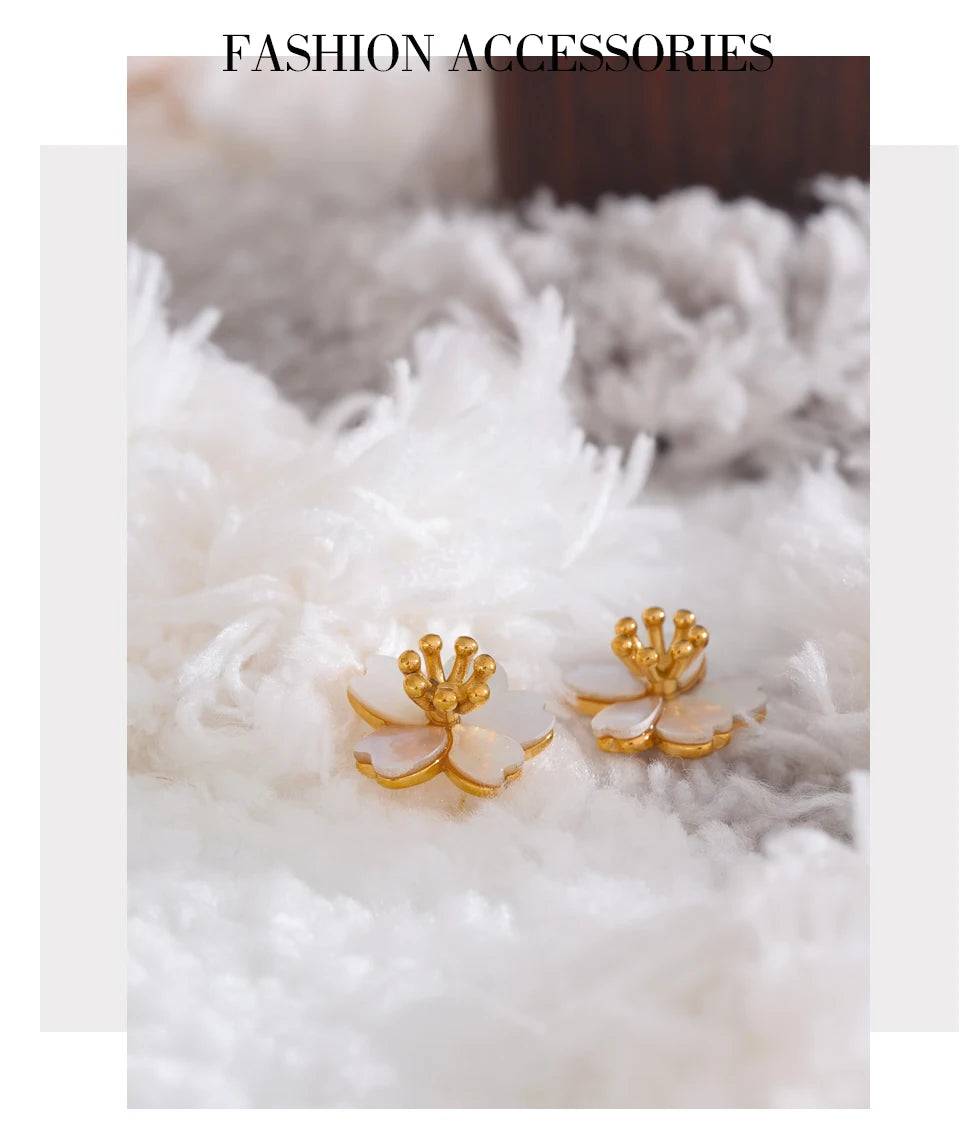 Yhpup High Quality Natural Shell Flower Golden Daily Stud Earrings for Women Prevent Allergy Stainless Steel Exquisite Jewelry