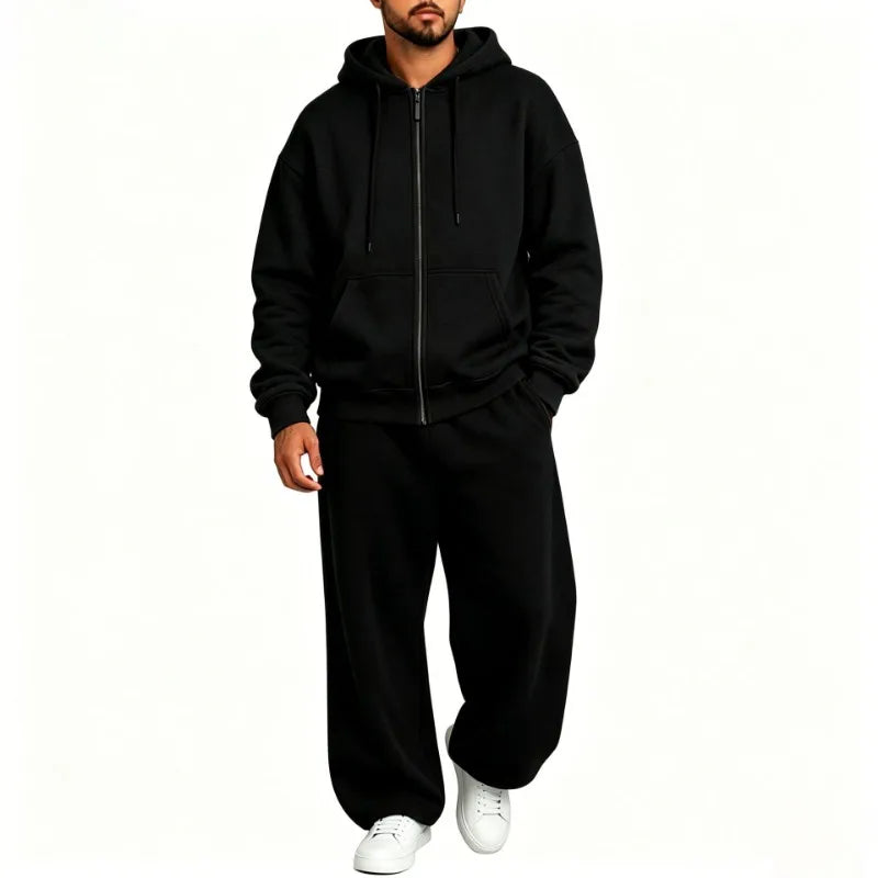 Men Full Zip Hoodie Set Kangaroo Pocket Drawstring Wide Leg Pants Loose Casual Two Piece Sports Outfit Set