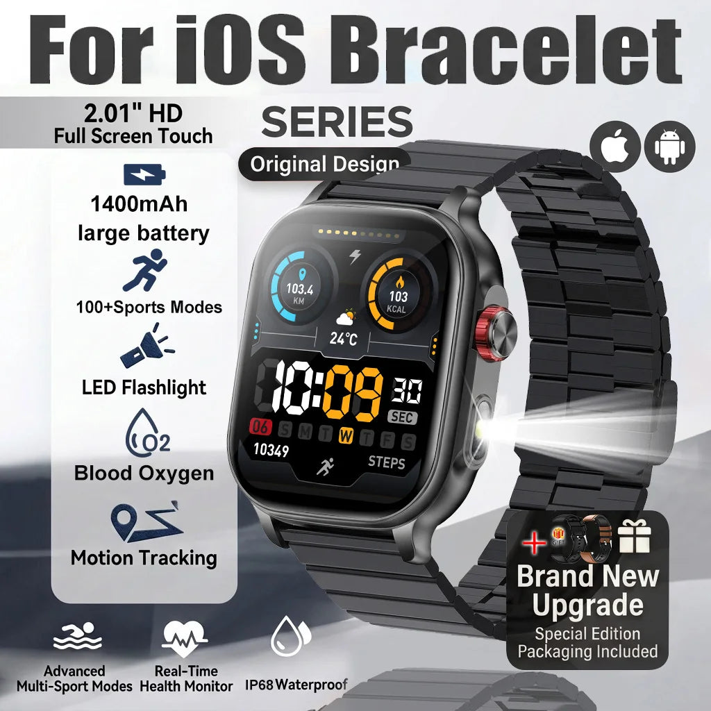 New1400mAh Military Grade Smart Watch 600 hours Battery Life 5ATM Waterproof BT Call Alert LED Flashlight 100+Sports Watches Men