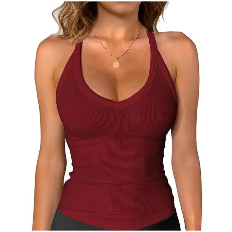 Lady Sexy V-neck Camisole Halter Top With Built In Bra Tank Tops Casual Summer Cotton Padded Sport Vest Breathable Hot Girl Vest