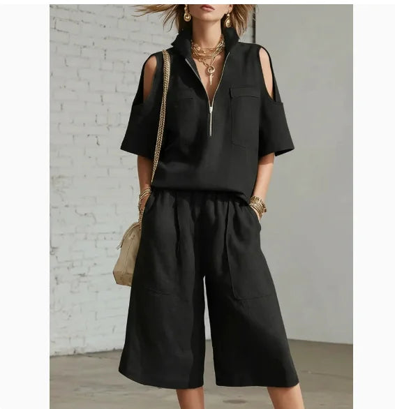 Two piece Women's clothing 2026 Summer New Fashion Loose Solid Short sleeved Top+elastic waist Pants Casual Clothing Sets