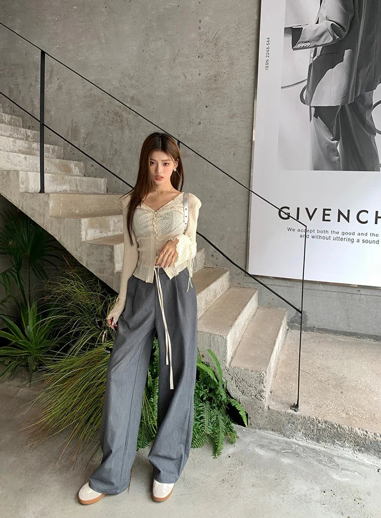 Elastic Waist Drawstring Loose Slim Casual Versatile Trousers 2026 Autumn New High Waist Women Wide Leg Suit Pants