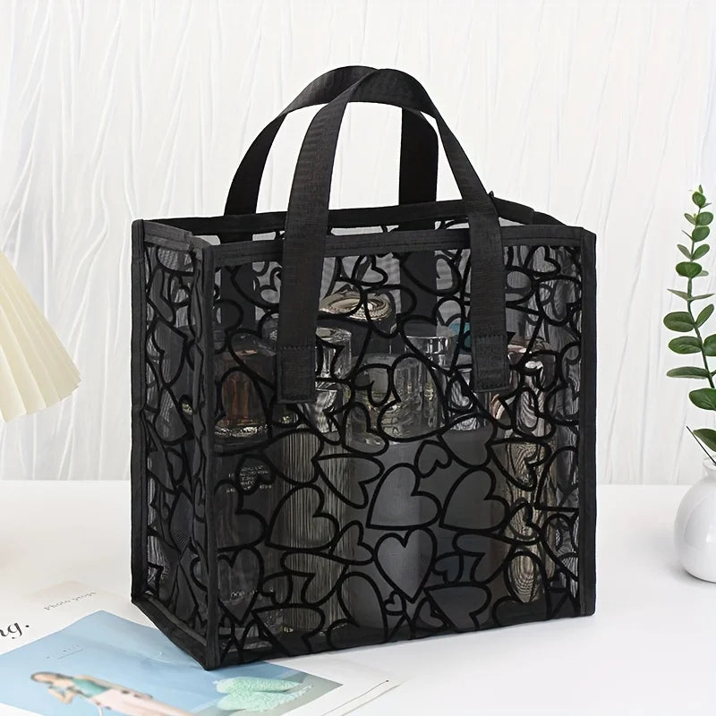 Black Mesh Heart Pattern Tote Bag - Light,Breathable for Travel & Beach with Double Handles, Makeup Storage, Oversized Beach Bag