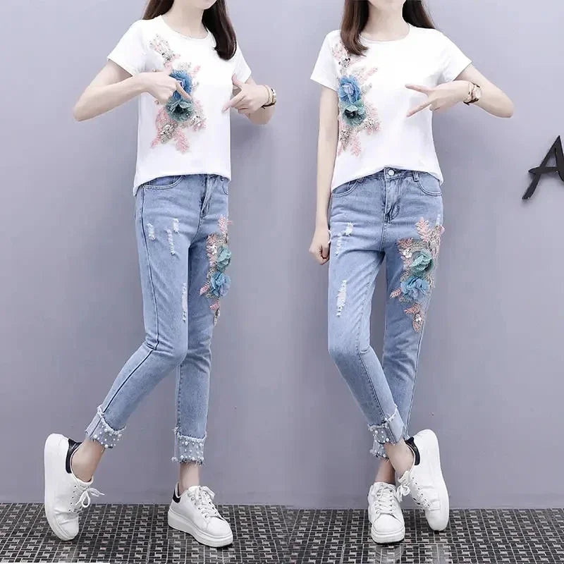 Two-Piece Suit 2025 Summer New Women Denim Pants Beading Embroidery Tshirt Tops+ High Waist Hole Jeans Female Casual Outfits