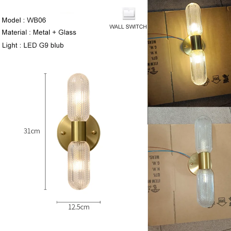 Luxury LED 12W Wall Lamps Glass Gold Copper Sconce for Living Room Bedroom Home Decor Indoor Lighting Dining Room Stairs