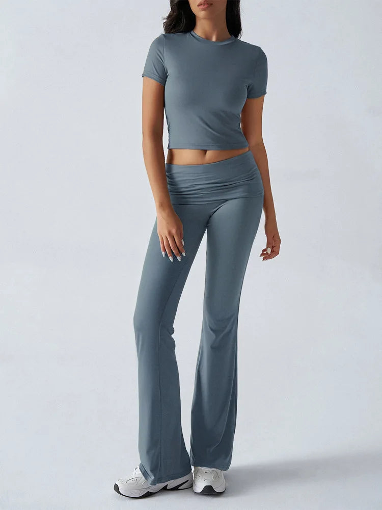 Women's Sexy Tops Suits 2026 Summer Latest Casual Solid Color Yoga Suit Slim Fit Sports Short Sleeved Pants Two-Piece Set Outfit