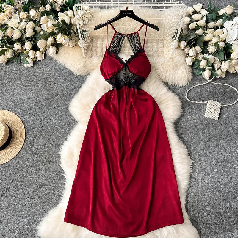 CHILLGIO Women Lace Satin Spaghetti Strap Dress Sexy Hollow Fashion Nightwear Nightgowns Ins Hot A Line Nightie Pajamas Sundress