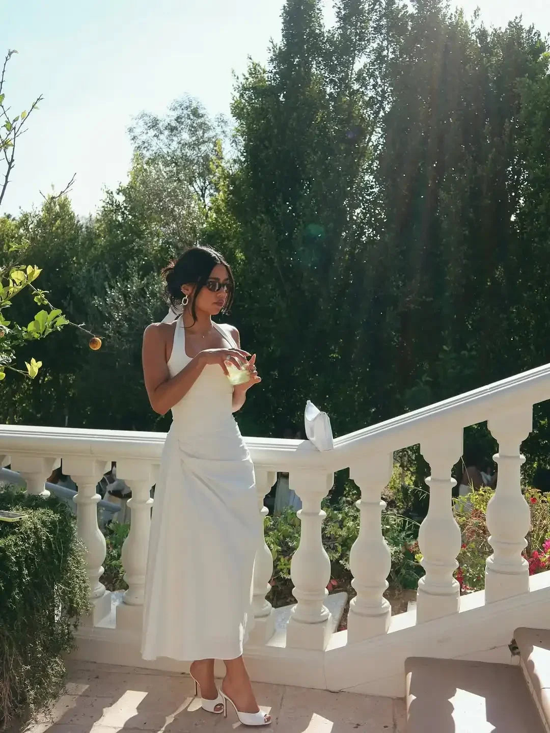 Chic Women White Ruched Waist Maxi Dress Sexy Sleeveless Halter Neck A Line Vestidos Elegant Daily New Party Street Summer Gowns