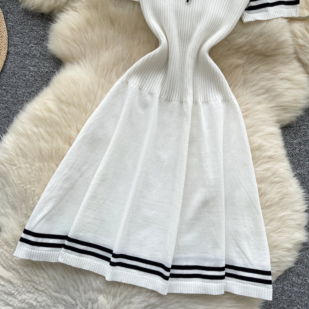 New Summer Women Sailor Collar Short Sleeve Knitted Dress Sundress Bow Lace Up Elatic Bodycon Pencil Vestidos Short Dress