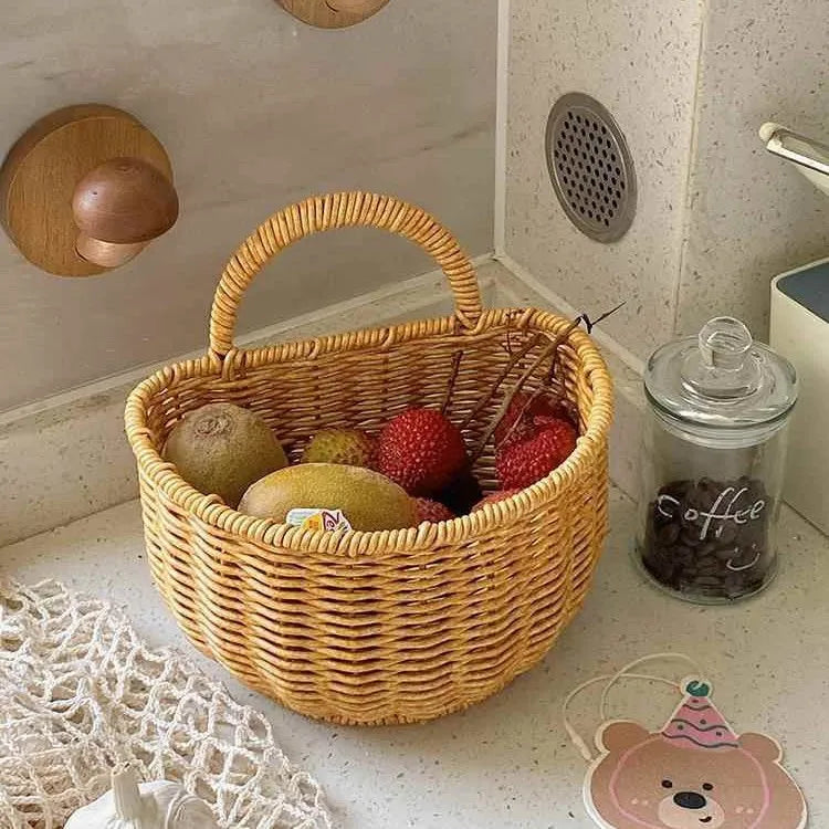 Kitchen Storage Basket With Handle Cute Wall Hanging Woven Basket Kawaii Hanging Storage Basket Kitchen Sundries Organizer