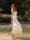 White Polka Dot Maxi Dress For Women Spaghetti Straps Sweetheart Bust Back Ruched Mermaid Flounce Hem Vacation Biryhday Dresses