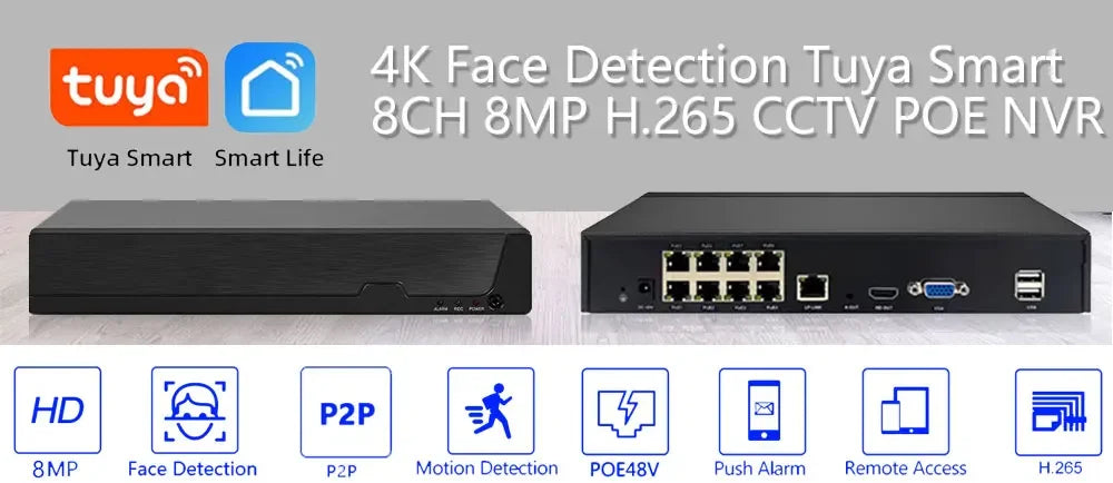 Smart Life 4K 8MP HD 8CH POE NVR Video Recorder H.265 8Channel NVR Security System Tuya CCTV Network Surveillance Video Recorder